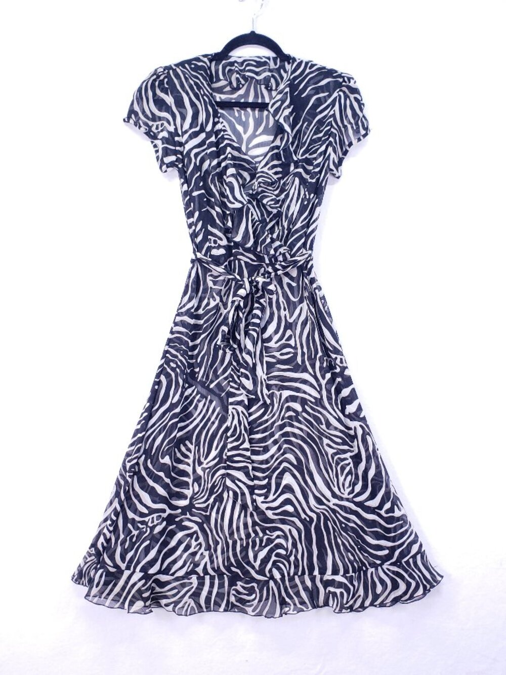 MSK Woman's Black Beige Zebra Print Ruffle Sheer Mid Dress Size 4 Party Evening
